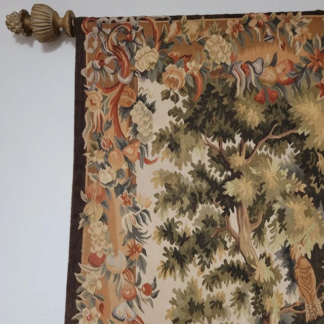 French Verdure-Style Aubusson Tapestry “Bird in Tree”, 50” X 60” For Sale - Image 4 of 11