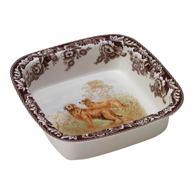 Spode Woodland Dogs Square Rim Dish 10", Golden Retriever Chairish