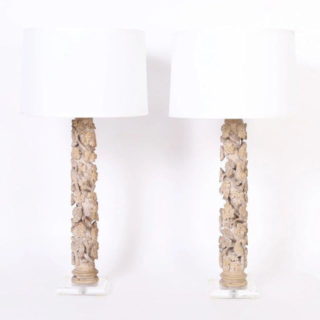 Plastic Pair of 18th C. Italian Carved Columns Converted to Lamps For Sale - Image 7 of 7