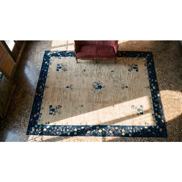 1920s Rectangle Hand Knotted Wool Antique Open Field Medallion Blue Large Rug For Sale - Image 12 of 14