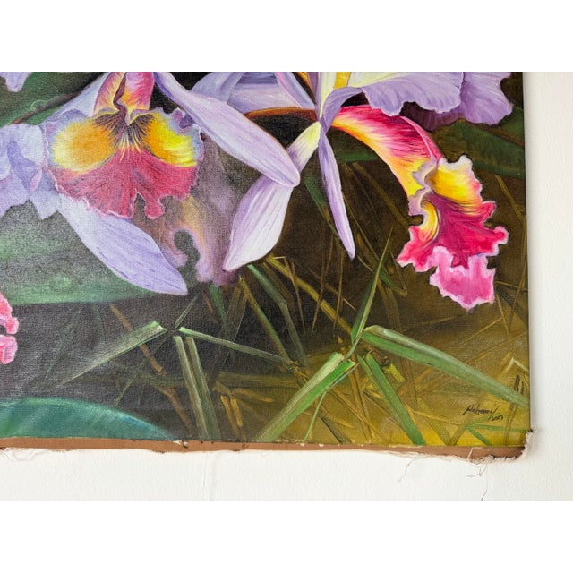 Lavender 2000's Ashrami Tropical Orchids Oil on Canvas Painting – Signed, Unframed For Sale - Image 8 of 11