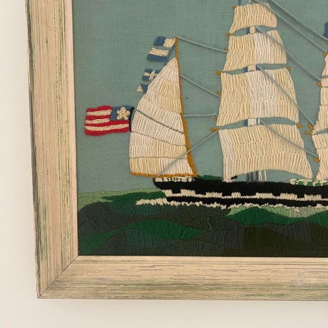 Large 1970s Nautical Crewel Embroidery Clipper Ship “Nantucket Whaler” — Period Execution of Erica Wilson Design, Framed American Folk Art For Sale In Miami - Image 6 of 12