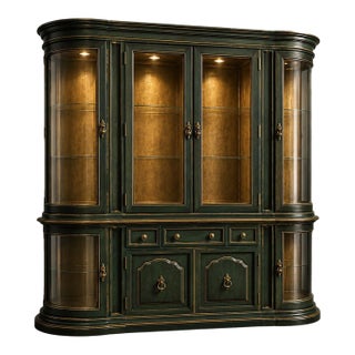 Mid 20th Century Emerald City Curved Glass Display Hutch / Hollywood Regency China Cabinet in Oxidized Emerald & Gold For Sale