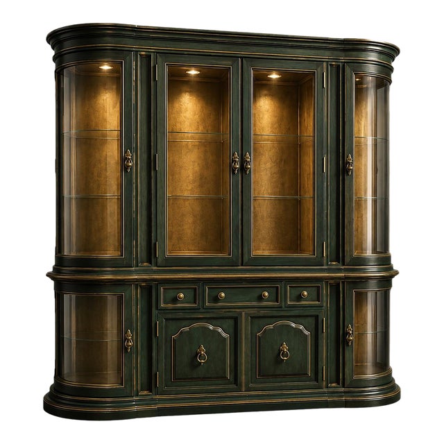 Mid 20th Century Emerald City Curved Glass Display Hutch / Hollywood Regency China Cabinet in Oxidized Emerald & Gold For Sale