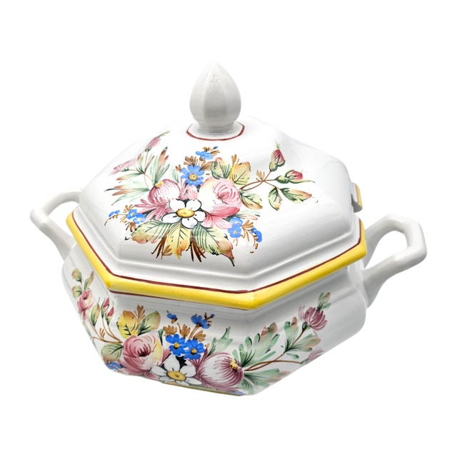 Italian Hand-Painted Porcelain Soup Tureen Set, Octagonal Floral, 16" For Sale - Image 4 of 18