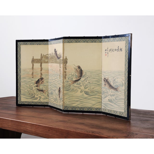 Asian Showa Four Panel Screen Jumping Koi at the Dragon Gate For Sale In Sacramento - Image 6 of 18