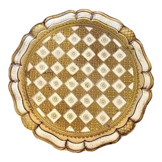 Large Vintage Florentine Round Gold and White Checkerboard Wooden Tray For Sale