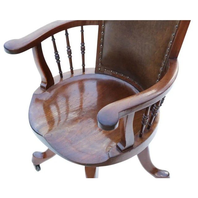 Brown Antique Mahogany and Leather Swivel Captain's Chair, 1900s For Sale - Image 8 of 12