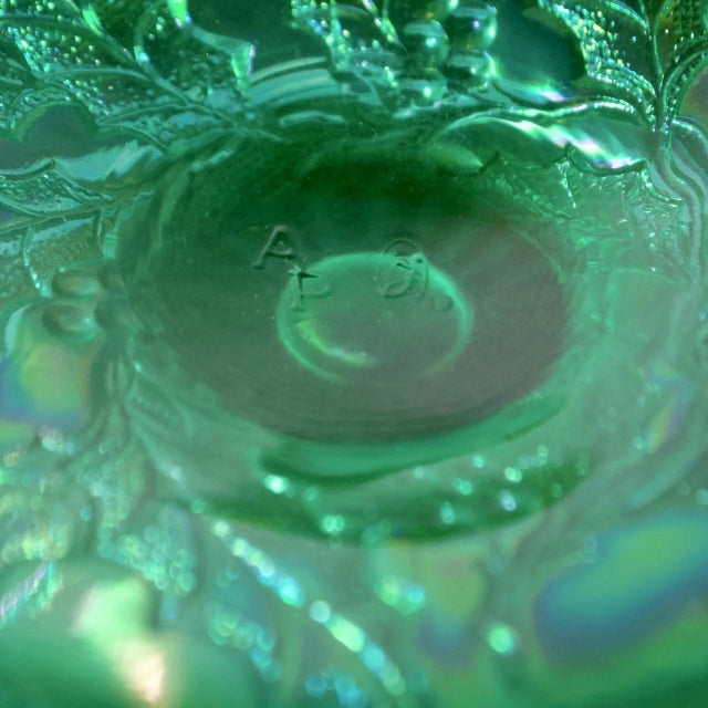 Fenton Uranium Green Opal Glass Christmas Compote – Limited Edition Ap/F, Uv Reactive, Circa 2000 For Sale - Image 9 of 10