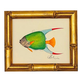 Original Miniature Hand-Painted Green Fish Painting in Faux Bamboo Frame For Sale
