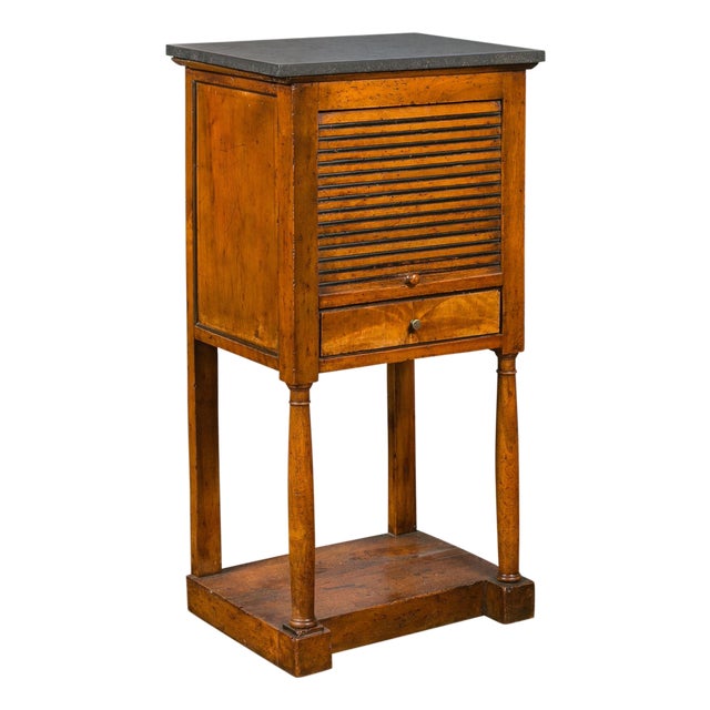 French 1870s Napoleon III Walnut Bedside Table with Stone Top and Tambour Door For Sale