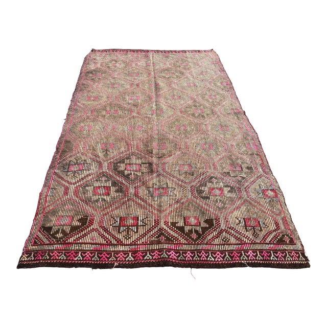 1960s Vintage Turkish Oushak Faded Floral Kilim Rug - 5′5″ × 9′10″ For Sale