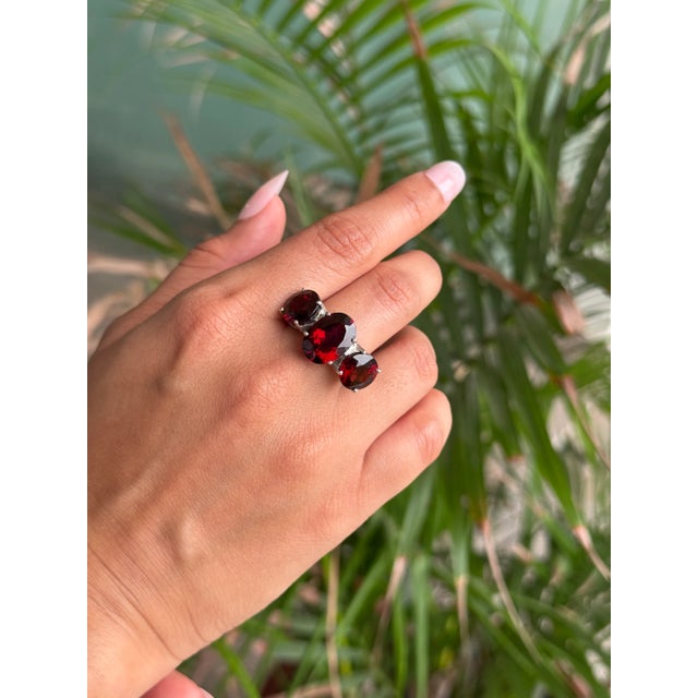 Classic 925 Silver Three Stone Prong Set Statement Ring With Red Garnet - Size 6.5 For Sale - Image 4 of 14