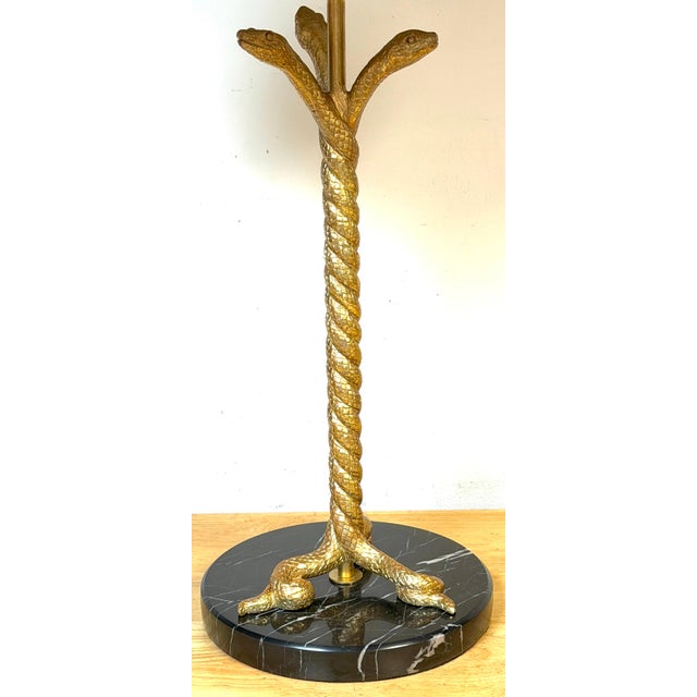 Pair Italian Neoclassical Gilt Metal Three-Serpent Table Lamps, Marble Bases For Sale In Greensboro - Image 6 of 13