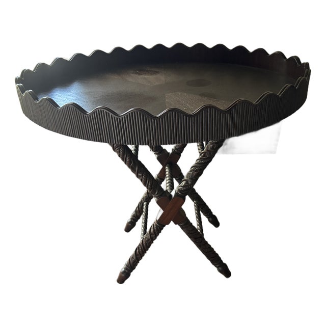 Carved Scalloped Round Tray Table on Barley Twist Folding Stand For Sale