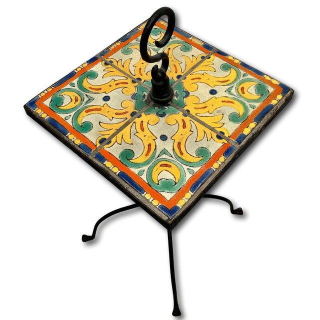Mediterranean Rare Vintage 1920s California Catalina Island Art Pottery Tile & Hand Wrought Iron Patio Stand - AccentTable For Sale - Image 3 of 18