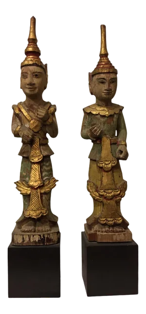 Antique South East Asian Cambodian Caved Wood Gold Gilt Temple Guardians - a Pair