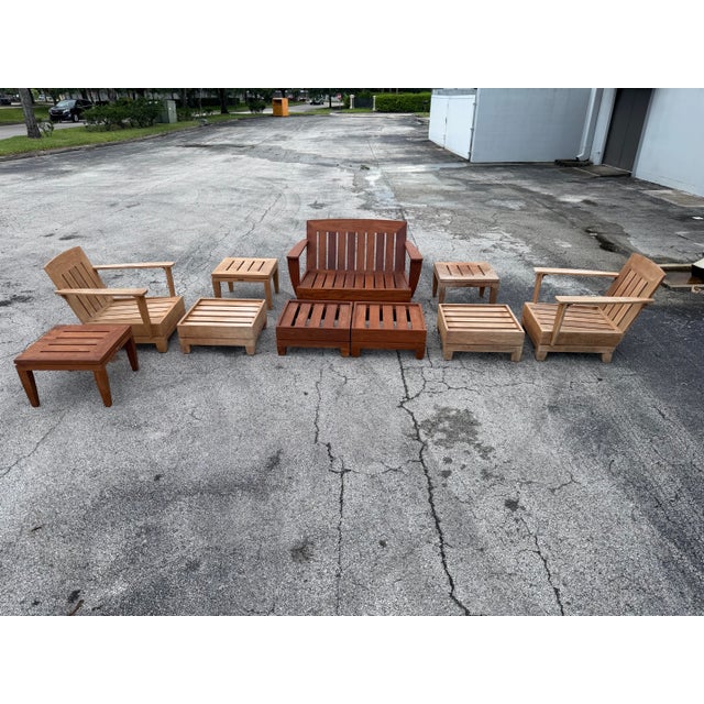 Contemporary 1990s Vintage Brown Jordan "Mission Teak" Deep Seating Patio Set With Blue Cushions - 10 Pieces For Sale - Image 3 of 11