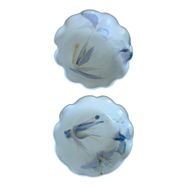 Vintage Studio Art Pottery Fluted Bowls Signed - a Pair For Sale