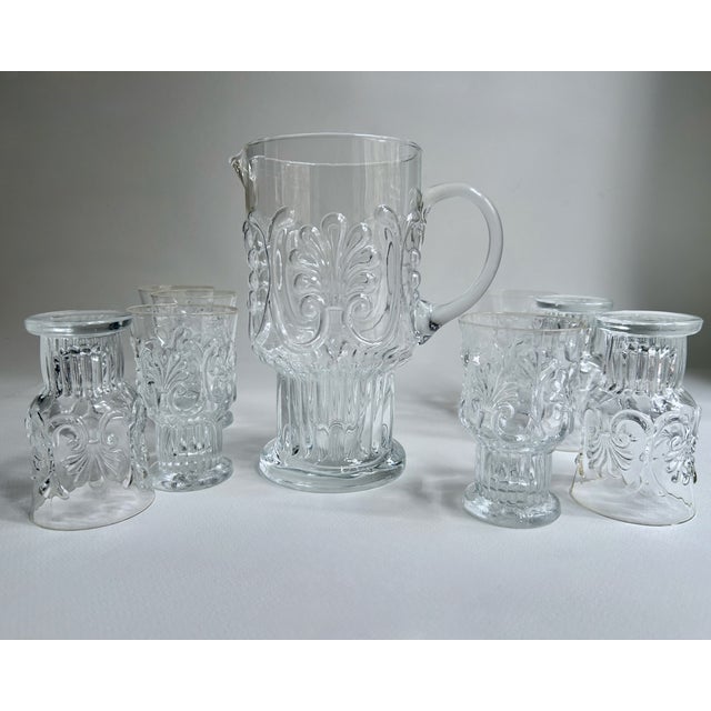 Vintage Set of Pilgrim Glass Corp. Adams Clear 8 Pedestal Glasses & Pitcher For Sale - Image 4 of 18