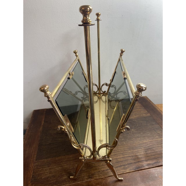 Gold Neoclassical Magazine Rack in Brass and Bluish Glass, 1950s For Sale - Image 8 of 14