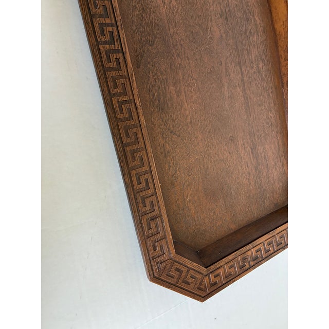Vintage Mid-Century modern faux wood tray with Greek Key border trim detail. Solid construction with rich medium-brown...