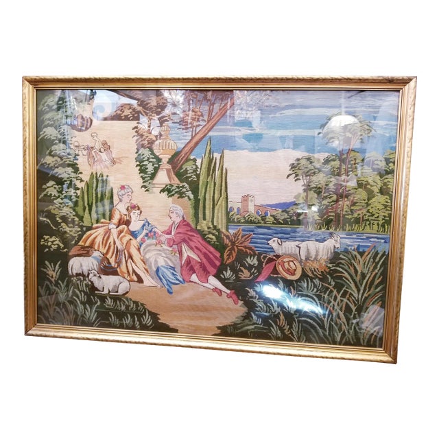 Vintage Extra Large Giltwood Framed Colorful 18th Century Scene Needlepoint For Sale