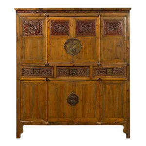 19th Century Large Chinese Qing Elm Armoire with Carved Motifs & Red Lacquered Accents