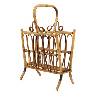 Midcentury French Riviera Rattan and Bamboo Magazine Rack, Italy, 1960s For Sale