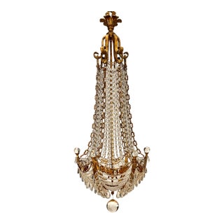 Mid 20th Century Hollywood Regency Gilt Metal & Crystal Beaded Basket Chandelier For Sale