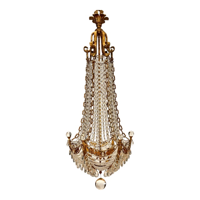 Mid 20th Century Hollywood Regency Gilt Metal & Crystal Beaded Basket Chandelier For Sale