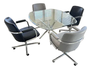 1980s Modernist ChromeCraft Glass Top Dining Set With Leather Swiveling Armchairs - Set of 6