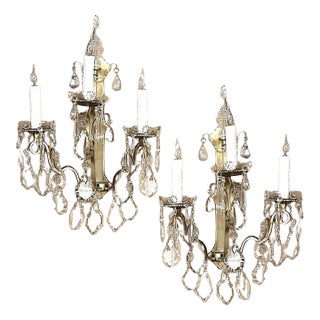 Pair of Vintage Solid Brass and Cut Crystal Wall Sconces For Sale