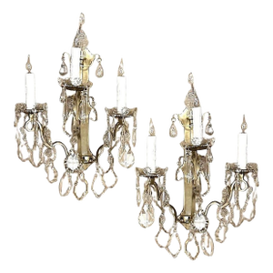 Pair of Vintage Solid Brass and Cut Crystal Wall Sconces