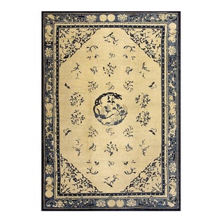1890s Beige Field Floral Spray Medallion Antique Chinese Peking Rug 8'10"x12'9" For Sale