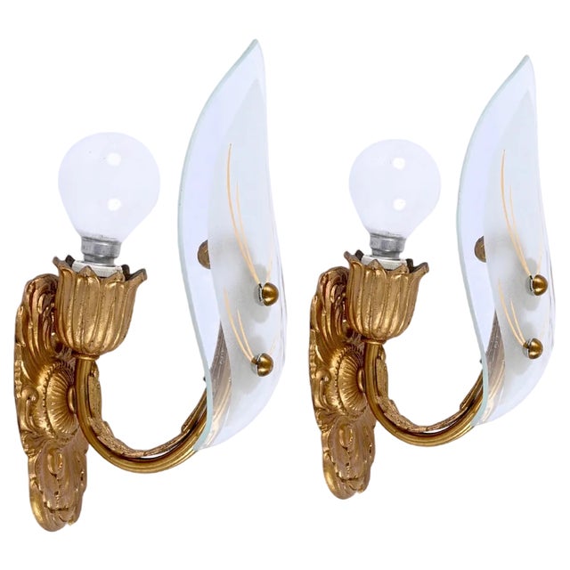 Italian Sconces in Gilded Bronze and Glass, Italy, 1950s, Set of 2 For Sale