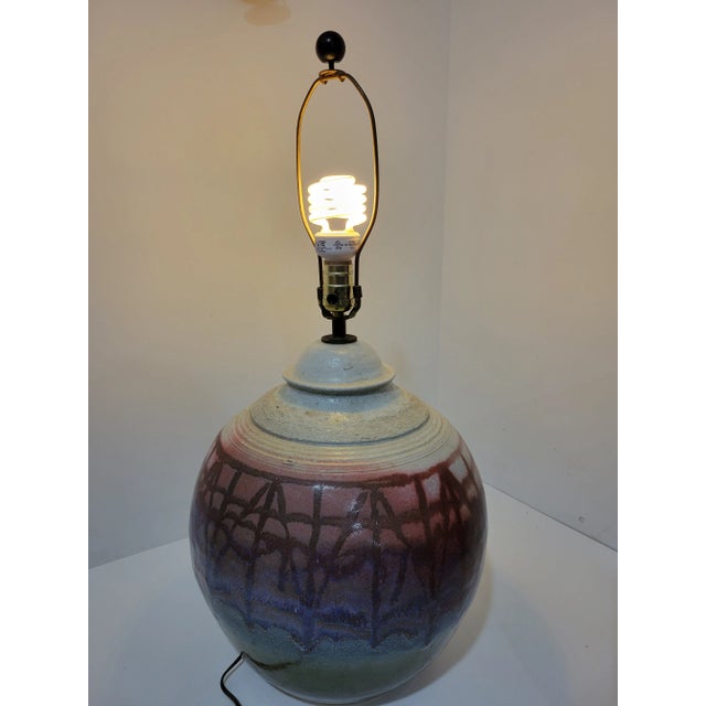 Large Modernist Artist Signed Glazed Pottery Lamp For Sale - Image 10 of 11