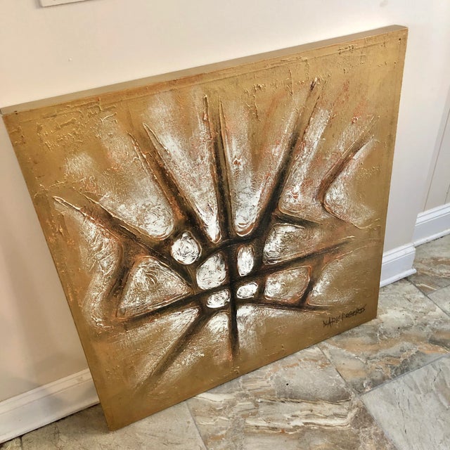 Large mid century abstract metallic gold painting on canvas. Signed Mark Roberts.