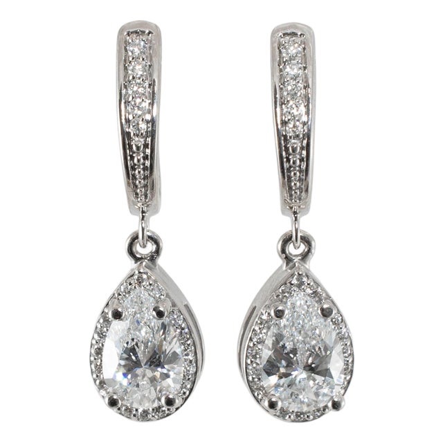 14k White Gold 1.64ctw Gia Pear Shape Halo Diamond Drop Dangle Earrings, A Pair For Sale