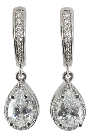 14k White Gold 1.64ctw Gia Pear Shape Halo Diamond Drop Dangle Earrings, A Pair