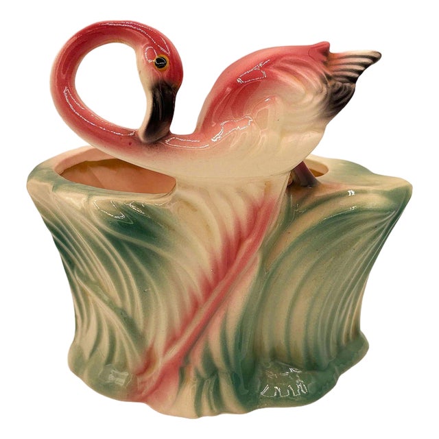 Mid 20th Century Ceramic 445 Pink Flamingo Flower Tabletop Planter by Maddux For Sale