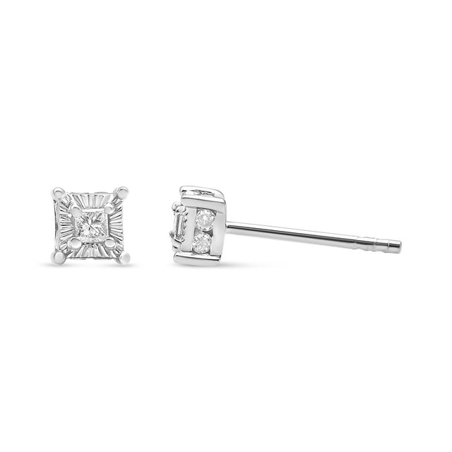 Contemporary .925 Sterling Silver 1/4 Cttw Miracle Set Princess-Cut Diamond Solitaire Stud Earrings with Hidden Halo (I-J Color, SI2-I1 Clarity) For Sale - Image 3 of 6