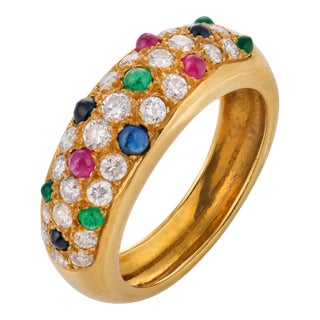 Vintage Emerald Ruby Sapphire Diamond 18k Yellow Gold Pave Ring, Size 6.25 For Sale