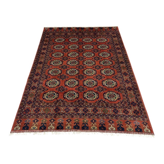 Red Turkmen Philpa Wool Area Rug, Tribal Geometric Medallion Design For Sale