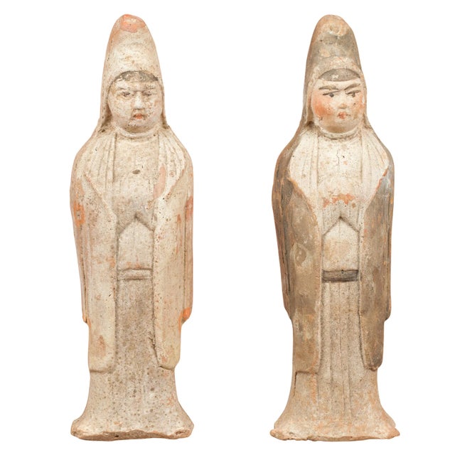 Mid 20th Century Chinese Qing Dynasty Small Hand Painted Terracotta Statues - a Pair For Sale - Image 13 of 13