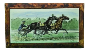 Paul Brown Stride for Stride' Trotters Enamel Plaque Mounted on Leather Cigarette Box