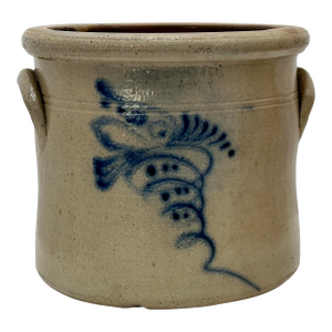 Small 1 Gallon Size Antique American Blue Decorated Stoneware Crock by Haxstun Ottman Fort Edwards N. Y.
