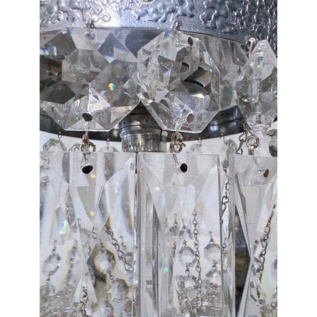 1950s Vintage Basket Chandelier With Textured Chrome and Crystal Chain For Sale - Image 5 of 9