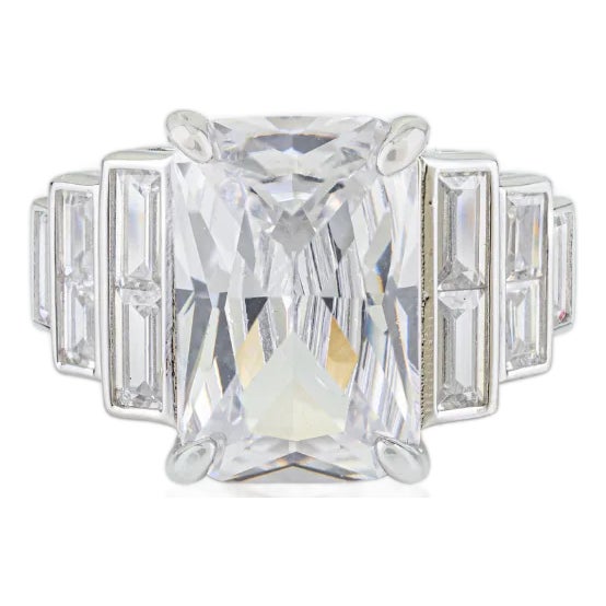 Art Deco Emerald Cut Cz Cocktail Ring in 925 Sterling Silver - Statement Ring Size 7 For Sale