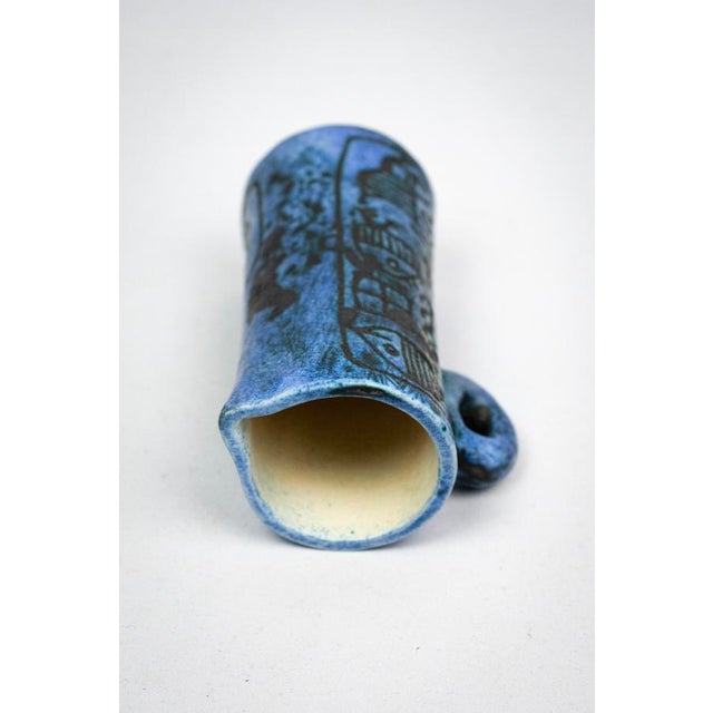 Small Mid-Century French Blue Ceramic Ewer with Engraved Decoration of Stylized Owls and Fish by Jacques Blin, 1950s For Sale - Image 10 of 15